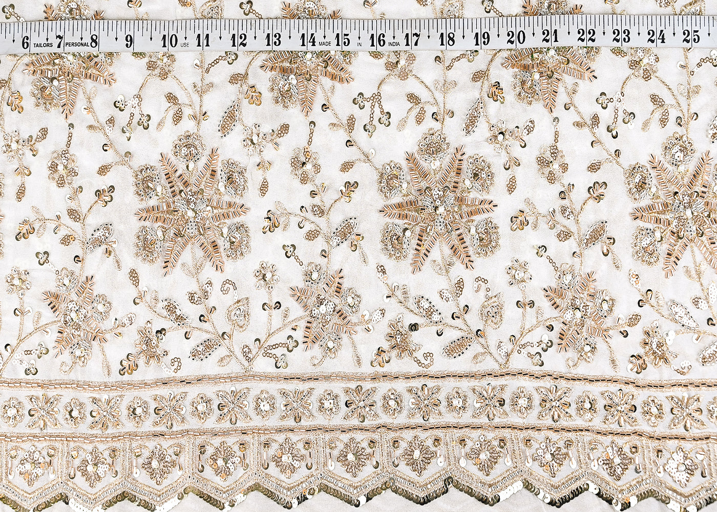 White Georgette Fabric With All Over Jaal Pattern Of Katdana, Zari, Sequins And Bead Work With One Side Border 20419