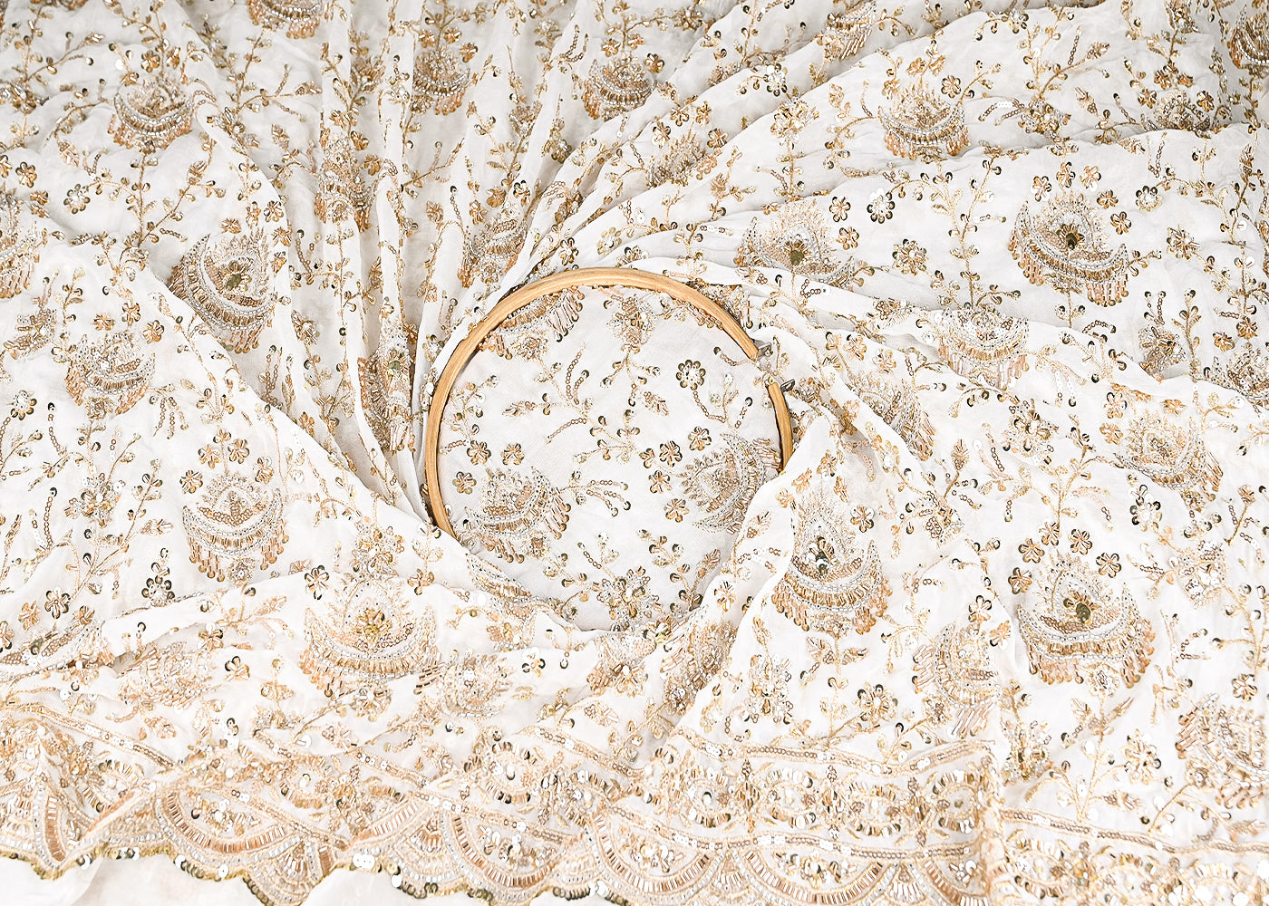 White Georgette Fabric With All Over Jaal Pattern Of Katdana, Zari, Sequins And Bead Work With One Side Border 20421