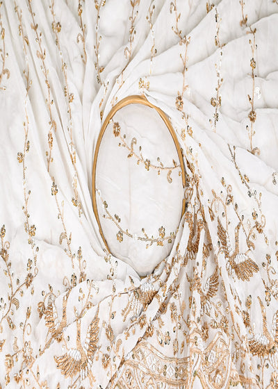 White Dyeable Georgette Fabric With All Over Katdana, Zari, Sequins And Bead Work With One Side Border 20425