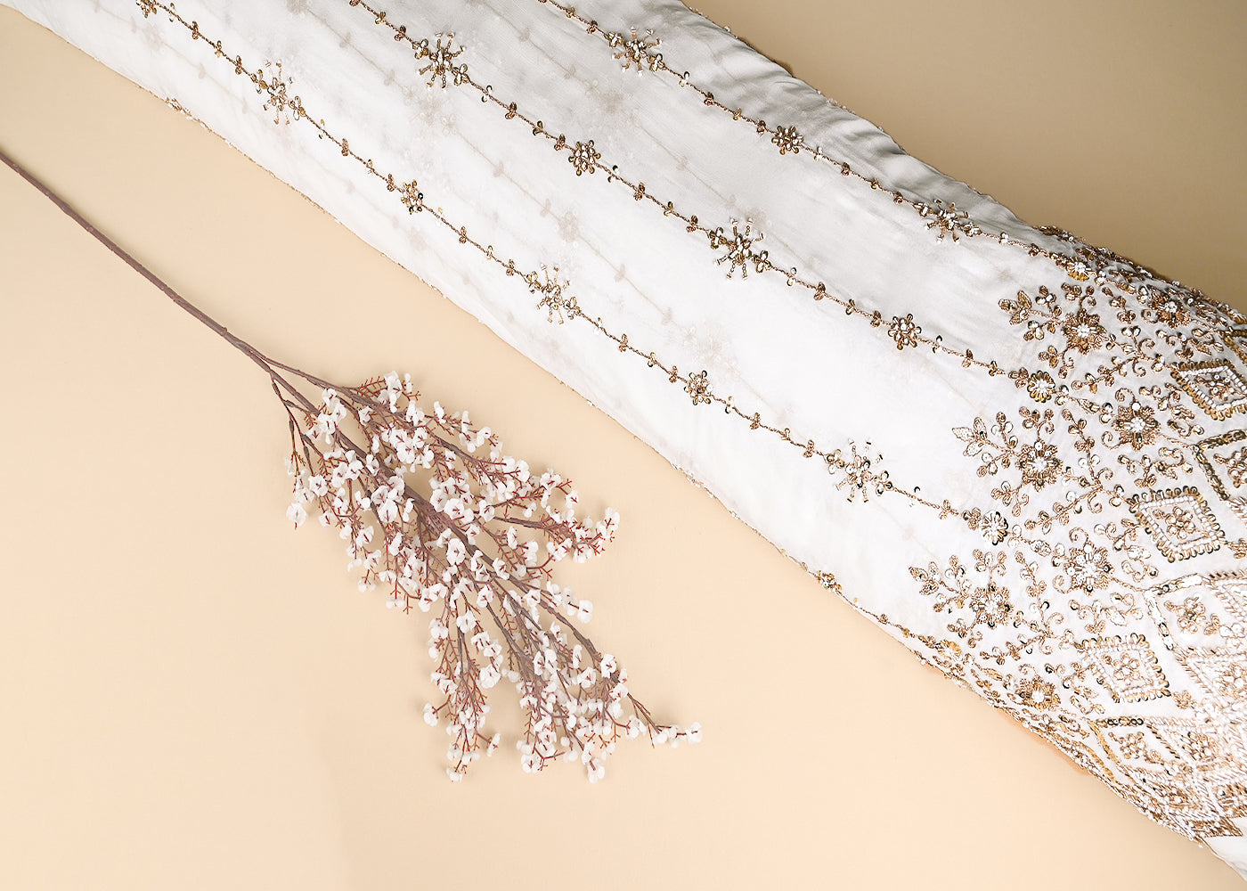 White Georgette Fabric With All Over Katdana, Zari, Sequins And Bead Work With One Side Border 20427