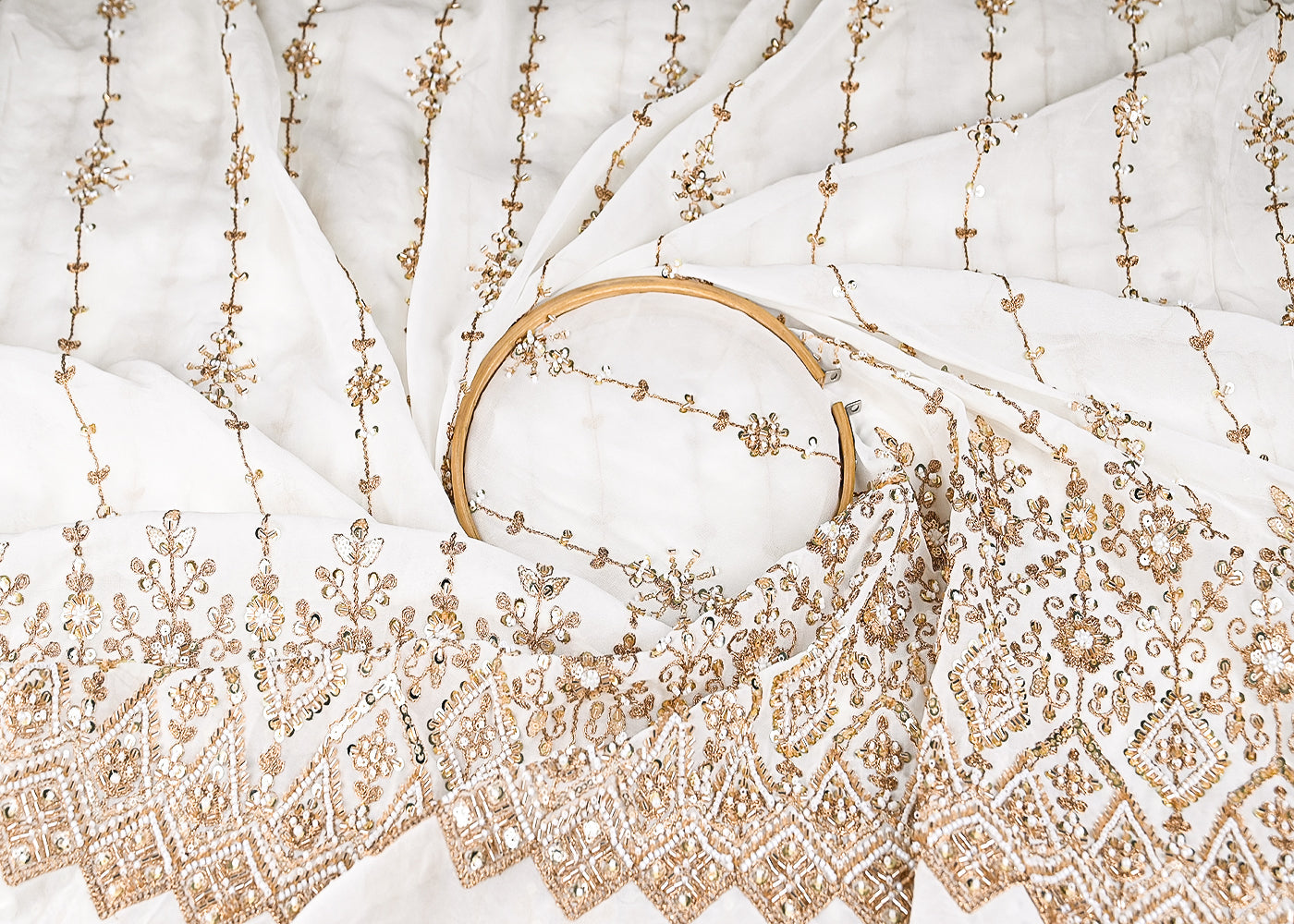 White Georgette Fabric With All Over Katdana, Zari, Sequins And Bead Work With One Side Border 20427