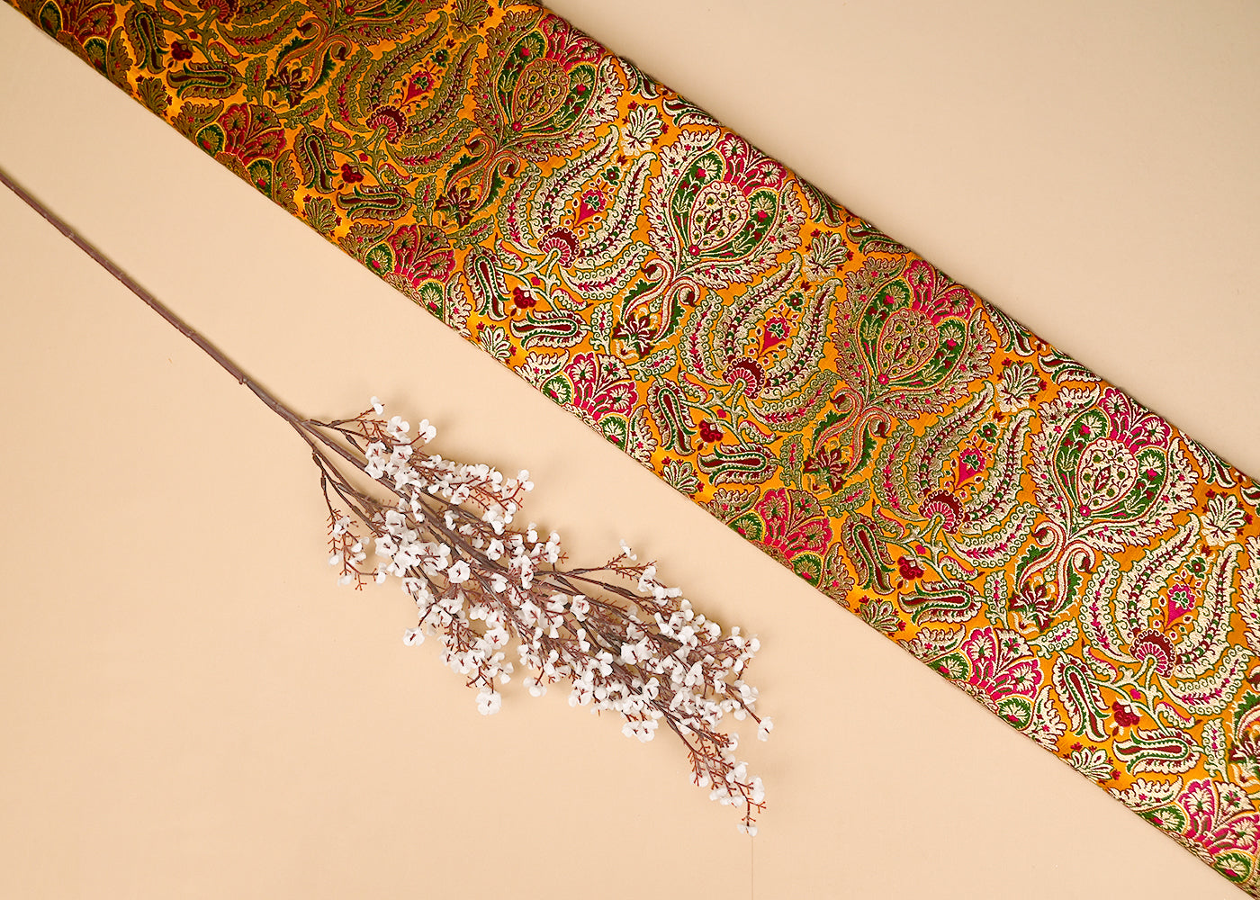 Mustard Pure Banarasi Brocade Fabric With All Over Thread And Zari Handloom 20429