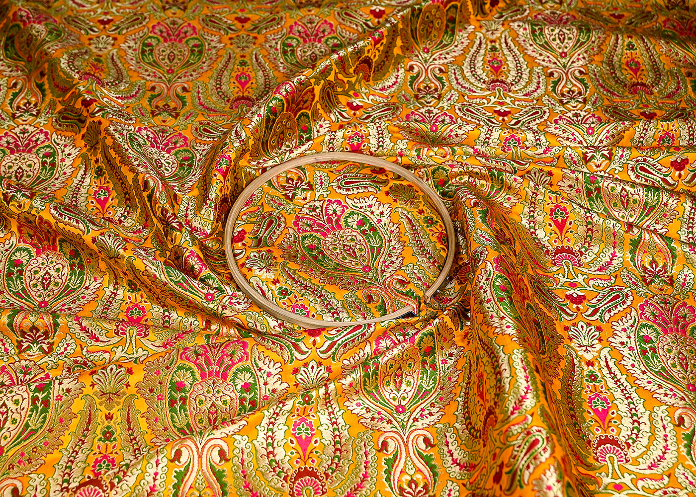 Mustard Pure Banarasi Brocade Fabric With All Over Thread And Zari Handloom 20429