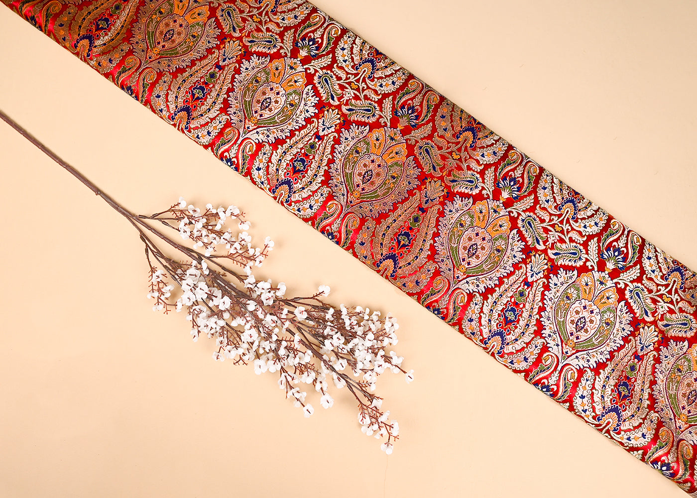 Red Pure Banarasi Brocade Fabric With All Over Thread And Zari Handloom 20431