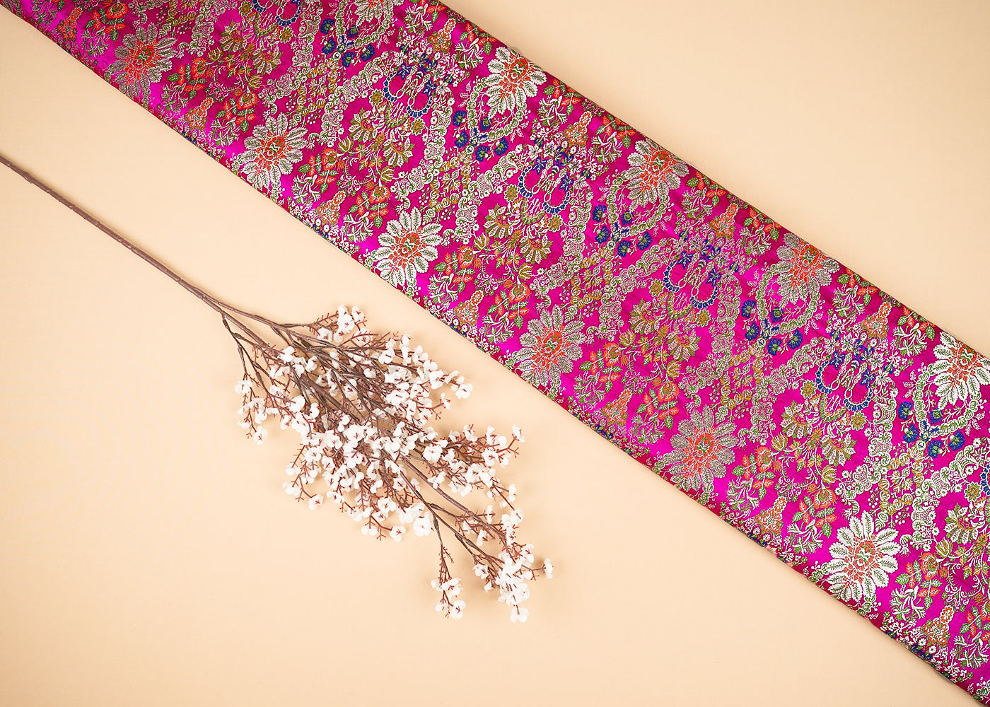 Rani Pink Pure Banarasi Brocade Fabric with Allover Golden Zari Handloom 20433