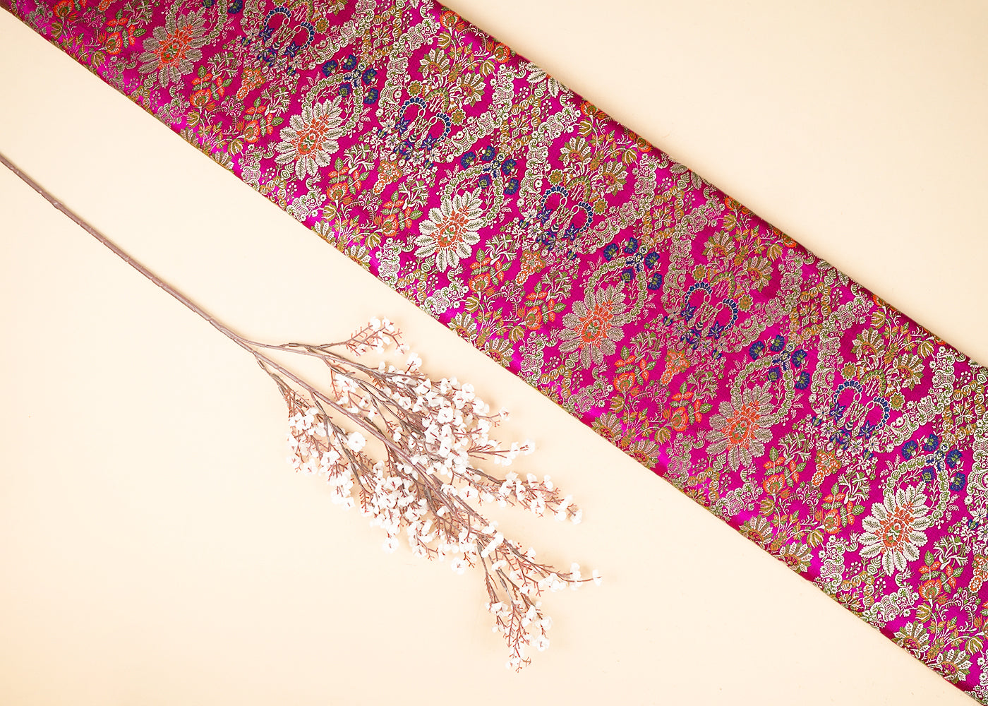 Rani Pink Pure Banarasi Brocade Fabric with Allover Golden Zari Handloom 20433