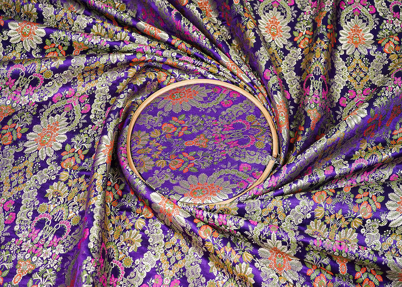 Purple Pure Banarasi Brocade Fabric with Allover Golden Zari Handloom 20434