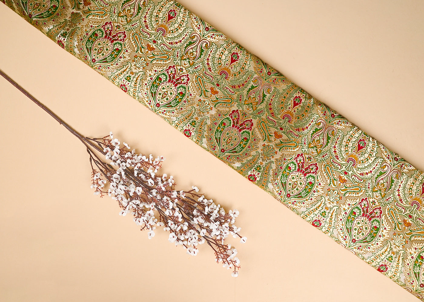 Golden Pure Banarasi Brocade Fabric With Allover Thread And Zari Handloom 20435