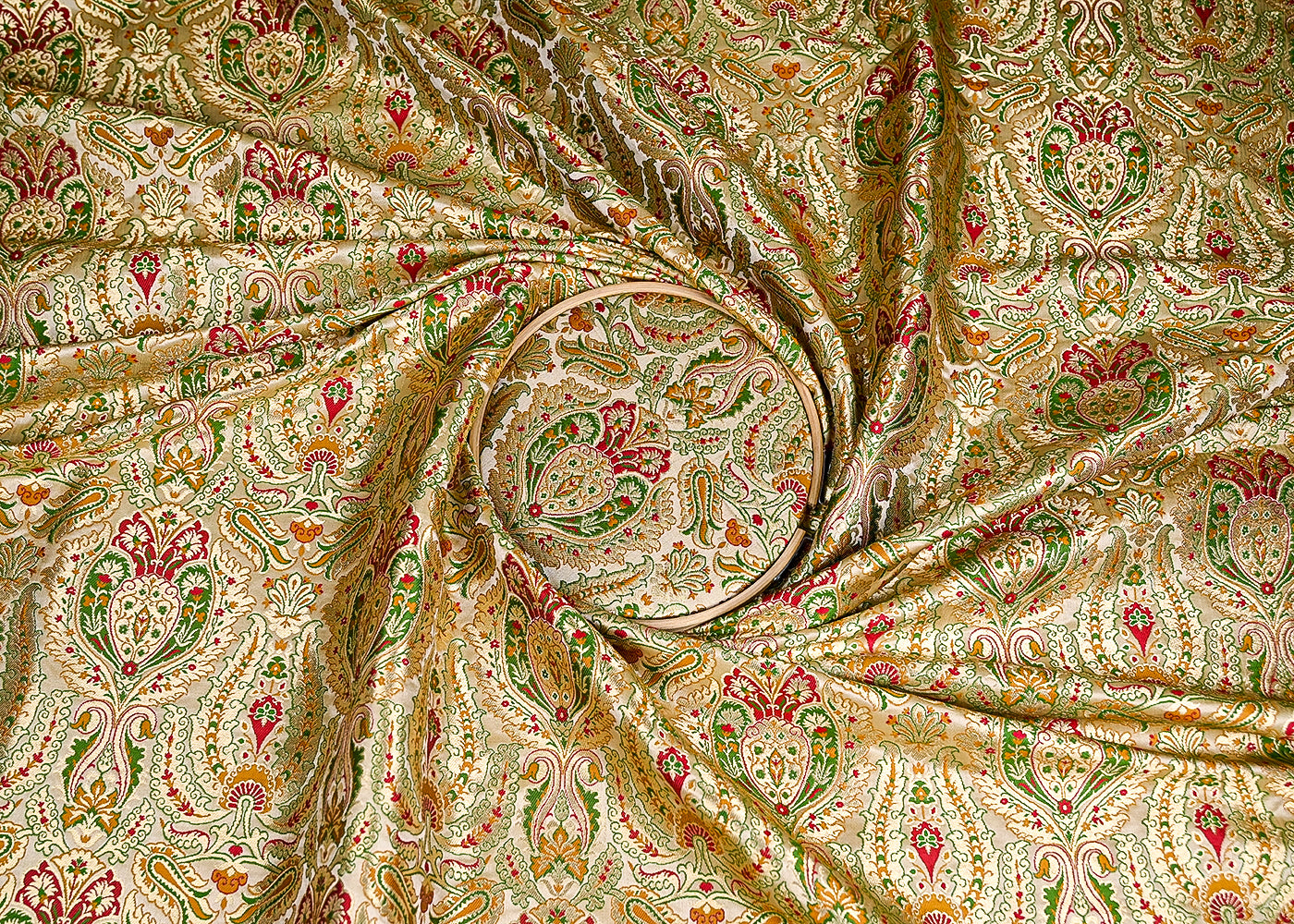 Golden Pure Banarasi Brocade Fabric With Allover Thread And Zari Handloom 20435
