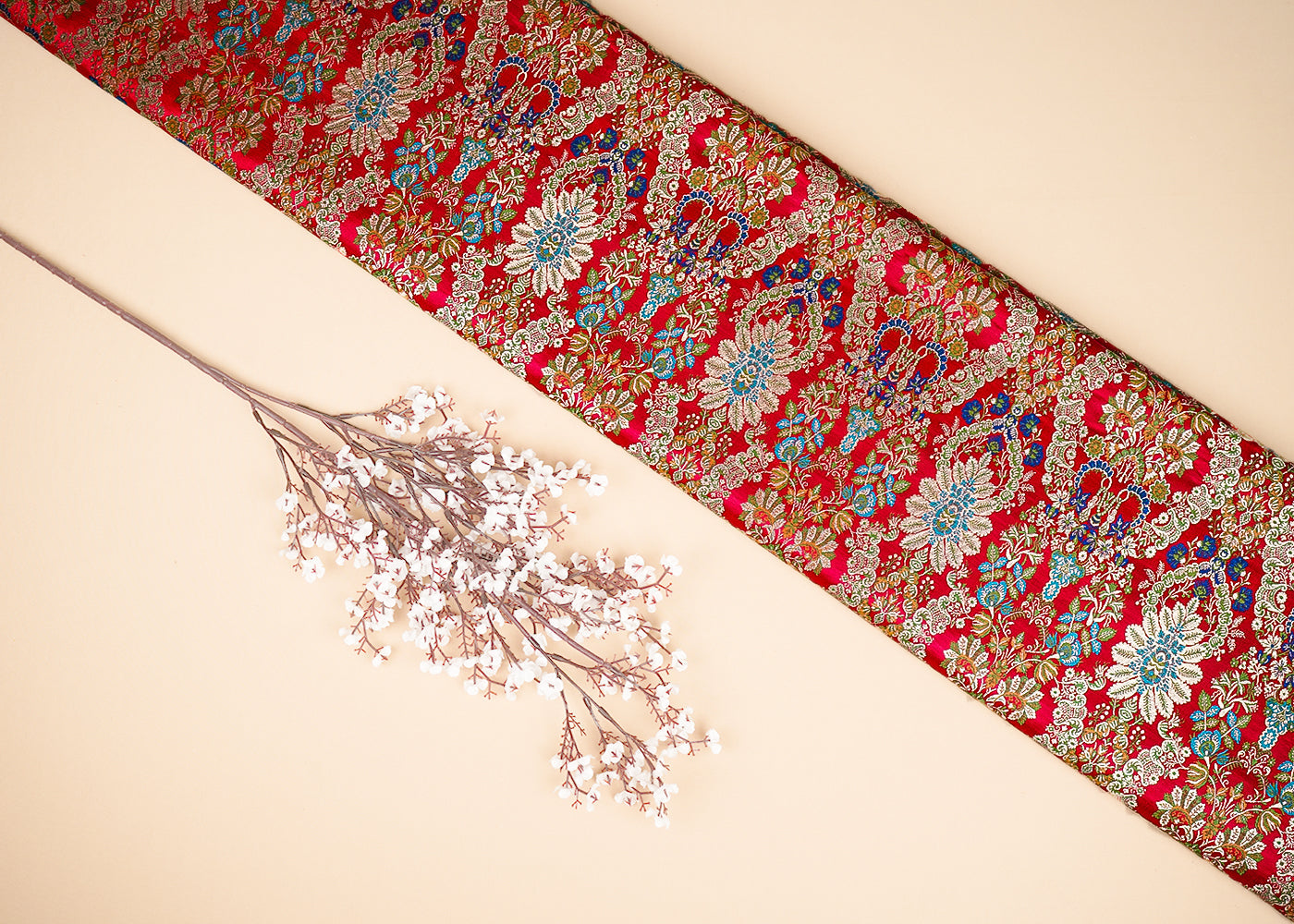 Red Pure Banarasi Brocade Fabric with Allover Golden Zari Handloom 20438