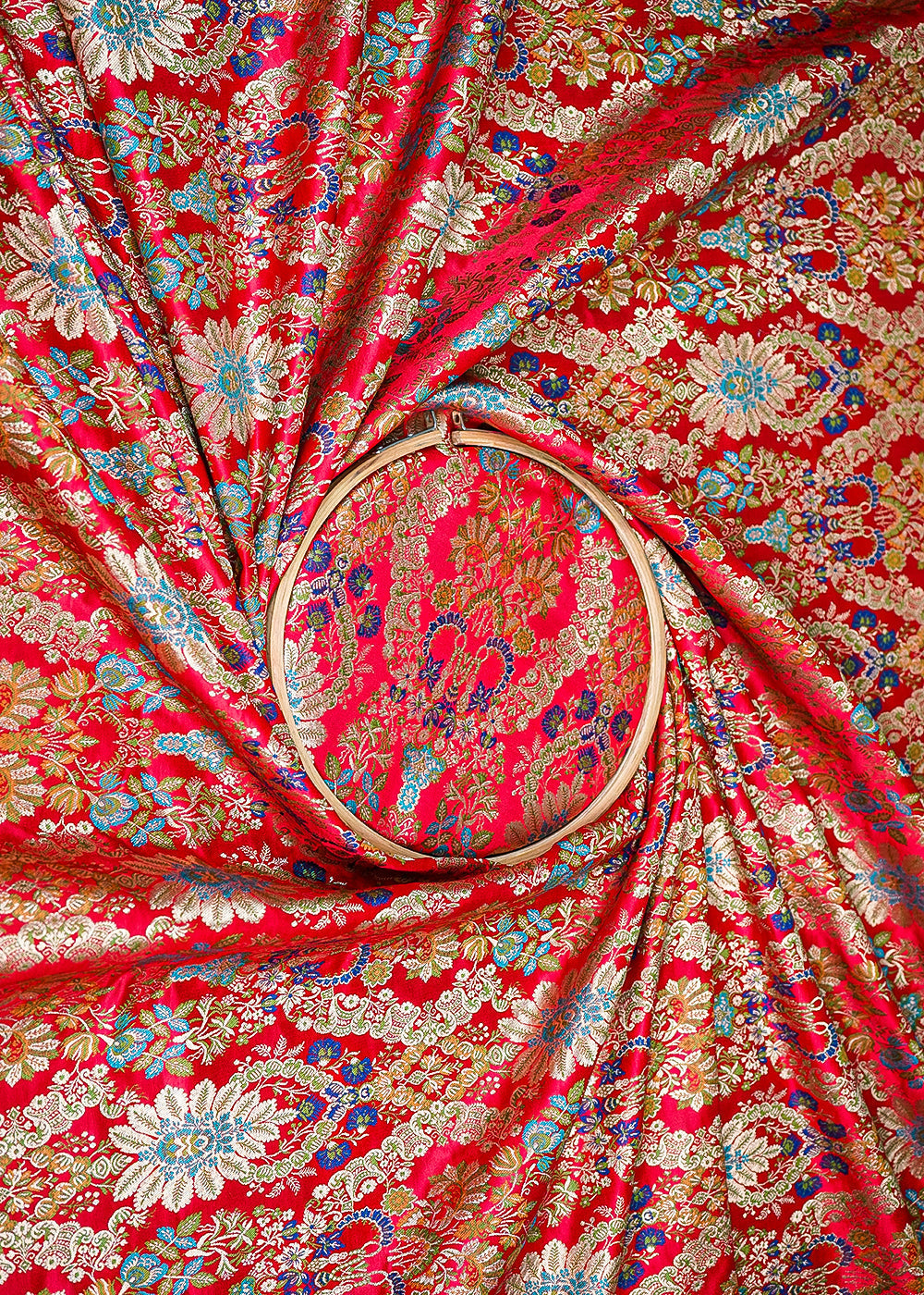 Red Pure Banarasi Brocade Fabric with Allover Golden Zari Handloom 20438