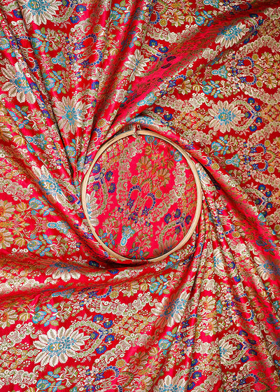 Red Pure Banarasi Brocade Fabric with Allover Golden Zari Handloom 20438