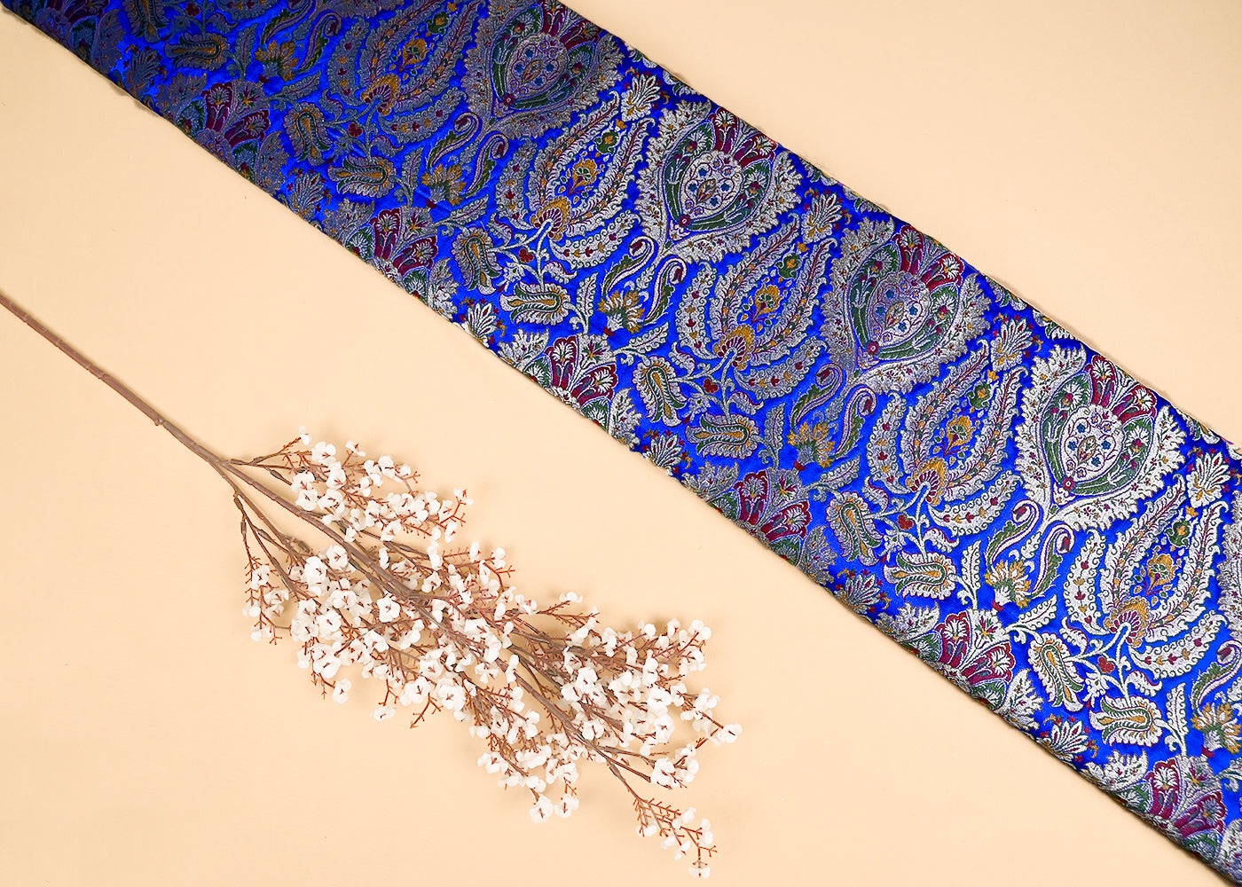 Royal Blue Pure Banarasi Brocade Fabric With All Over Thread And Zari Handloom 20440