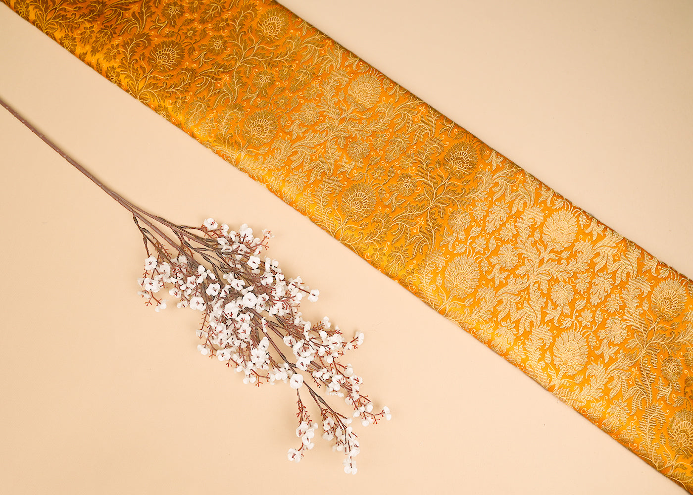 Mustard Banarasi Brocade Fabric With All Over Golden Zari Handloom 20441