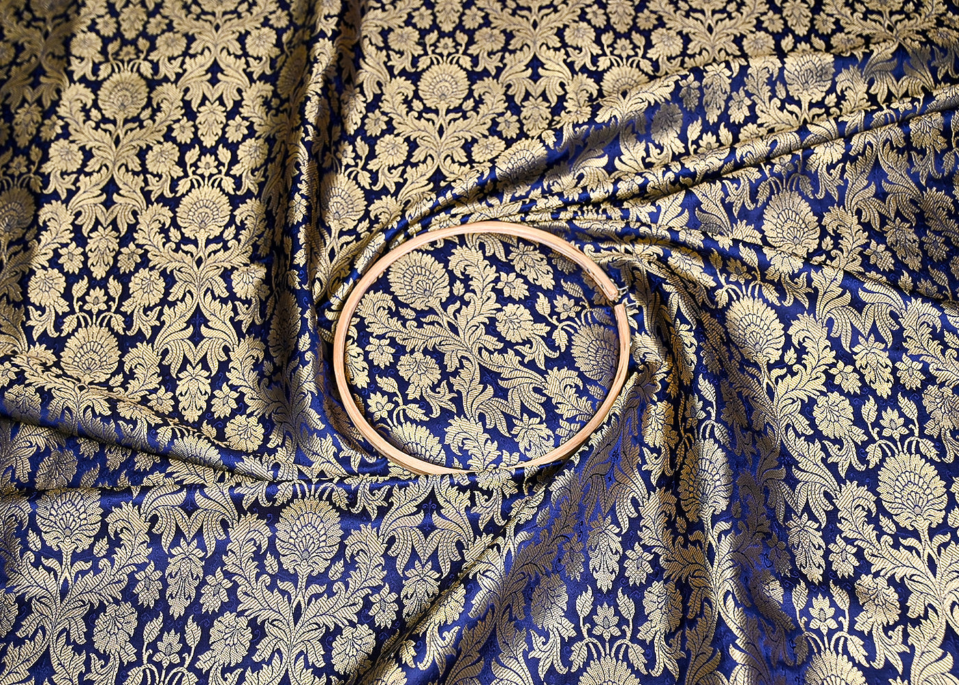 Navy Blue Banarasi Brocade Fabric With All Over Golden Zari Handloom 20444