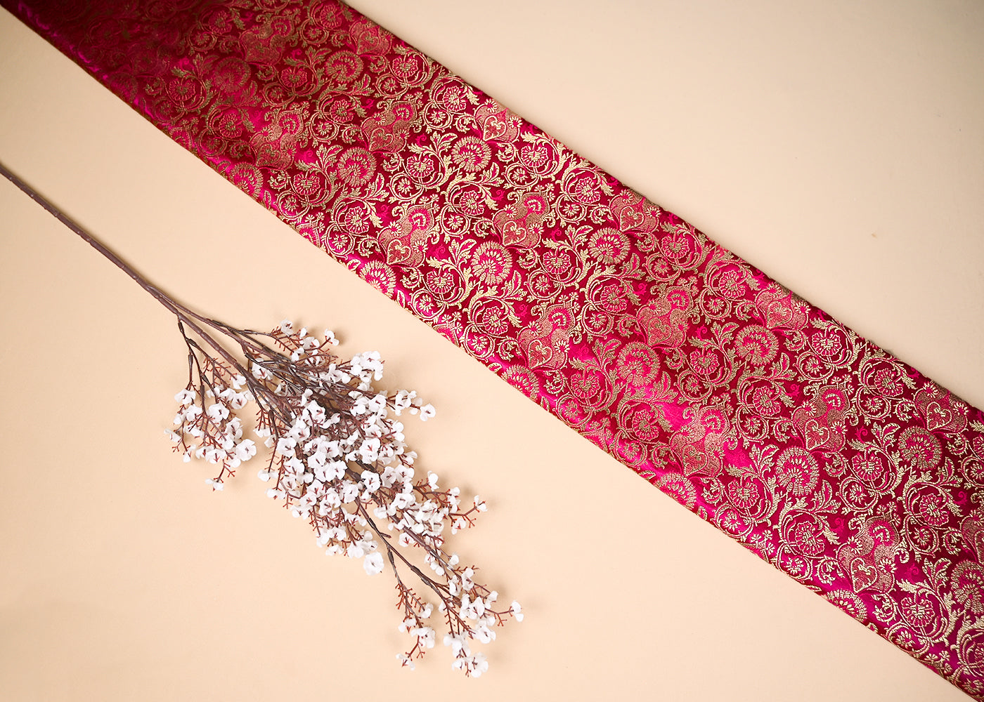 Rani Pink Banarasi Brocade Fabric With All Over Golden Zari Handloom 20448