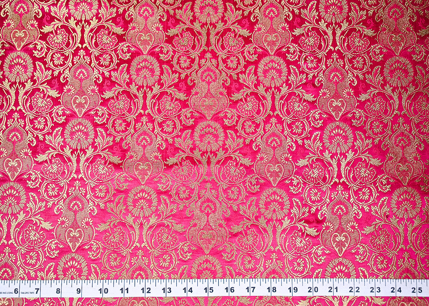 Rani Pink Banarasi Brocade Fabric With All Over Golden Zari Handloom 20448