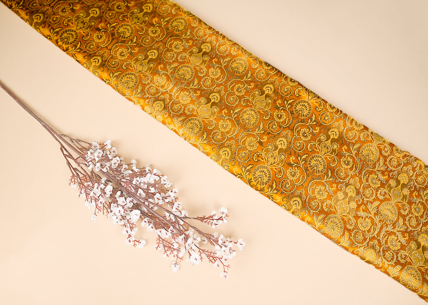 Mustard Banarasi Brocade Fabric With All Over Golden Zari Handloom 20450