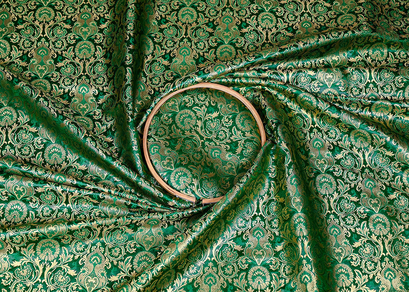 Green Banarasi Brocade Fabric With All Over Golden Zari Handloom 20451