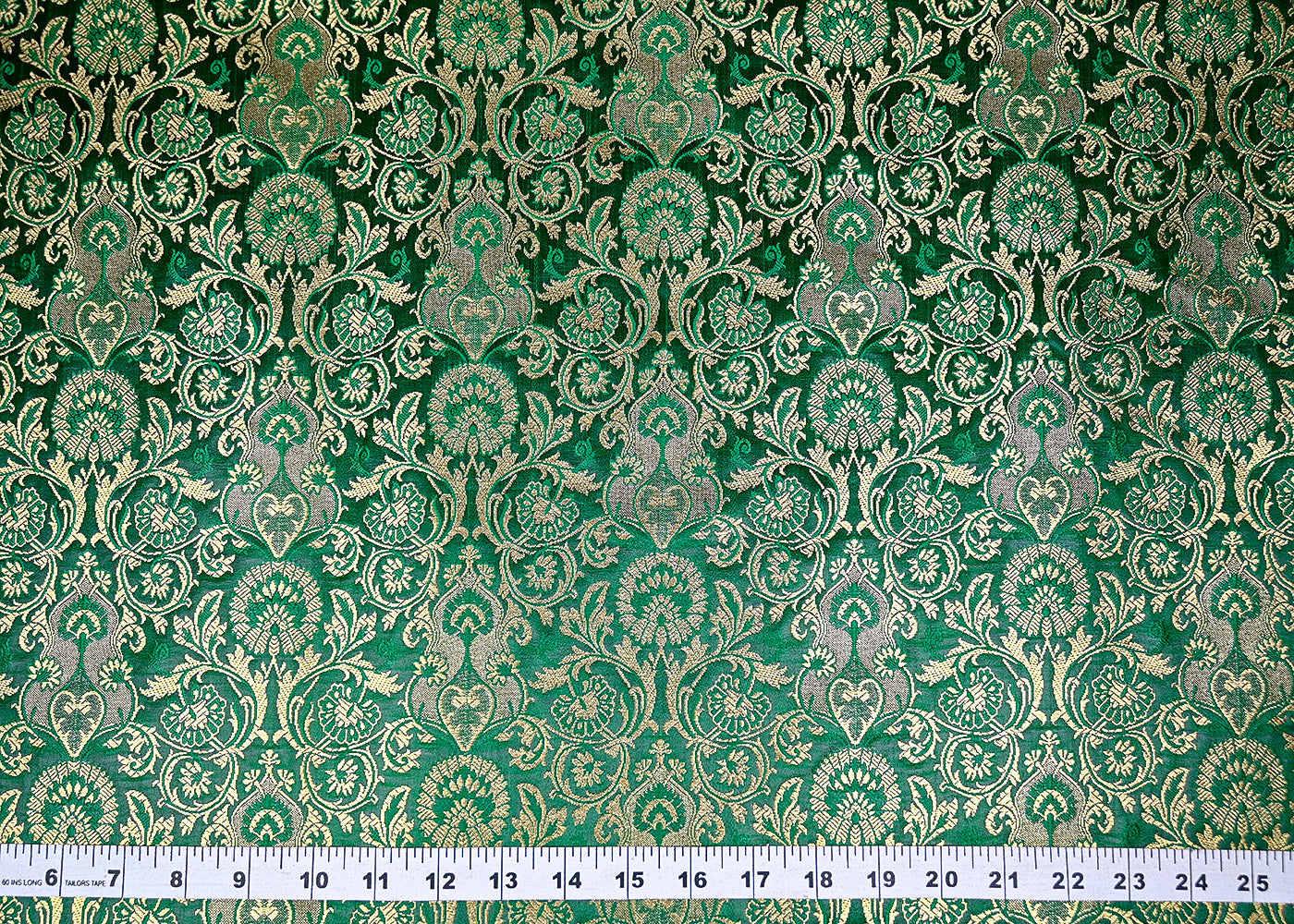 Green Banarasi Brocade Fabric With All Over Golden Zari Handloom 20451