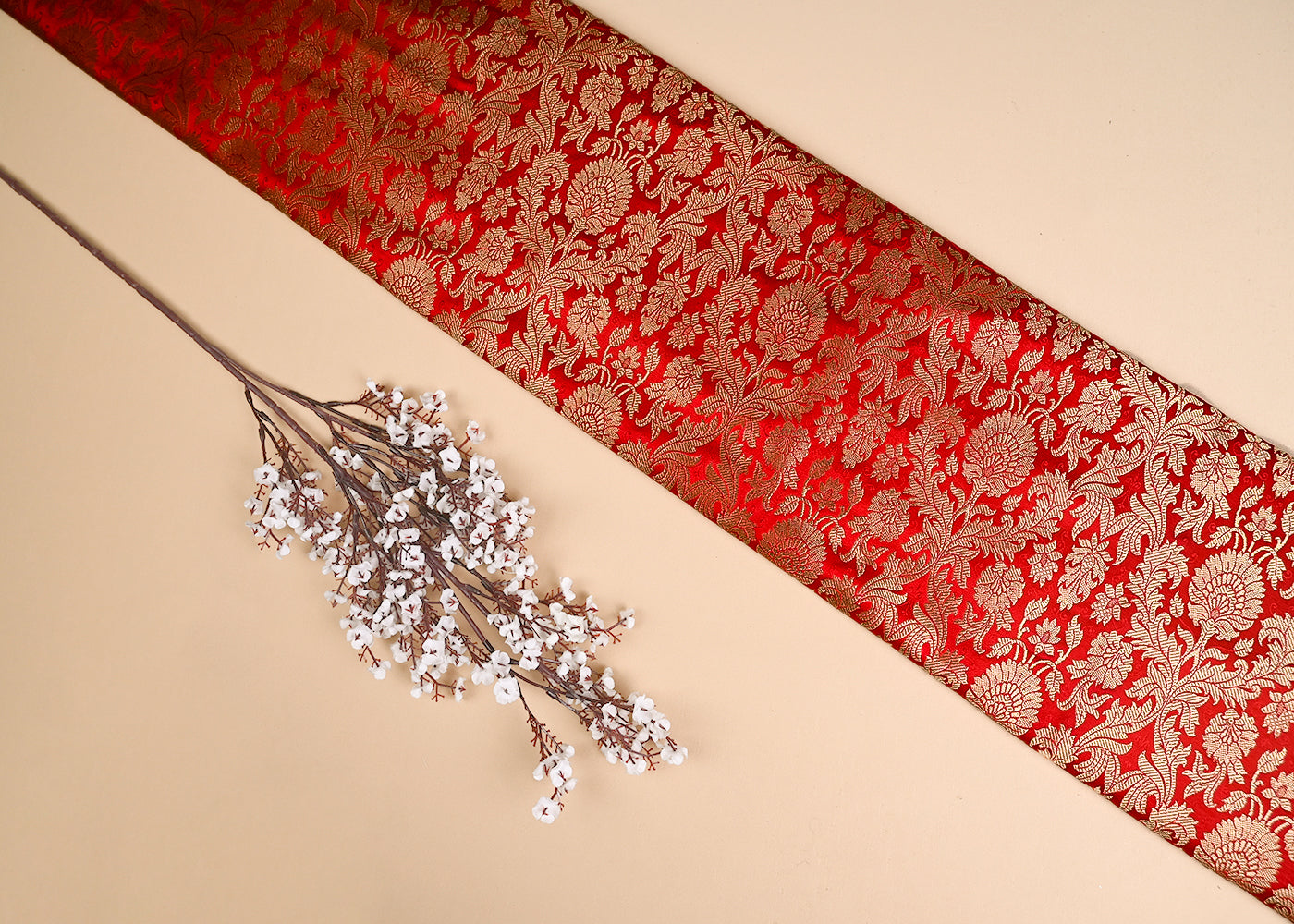 Red Banarasi Brocade Fabric With All Over Golden Zari Handloom 20452