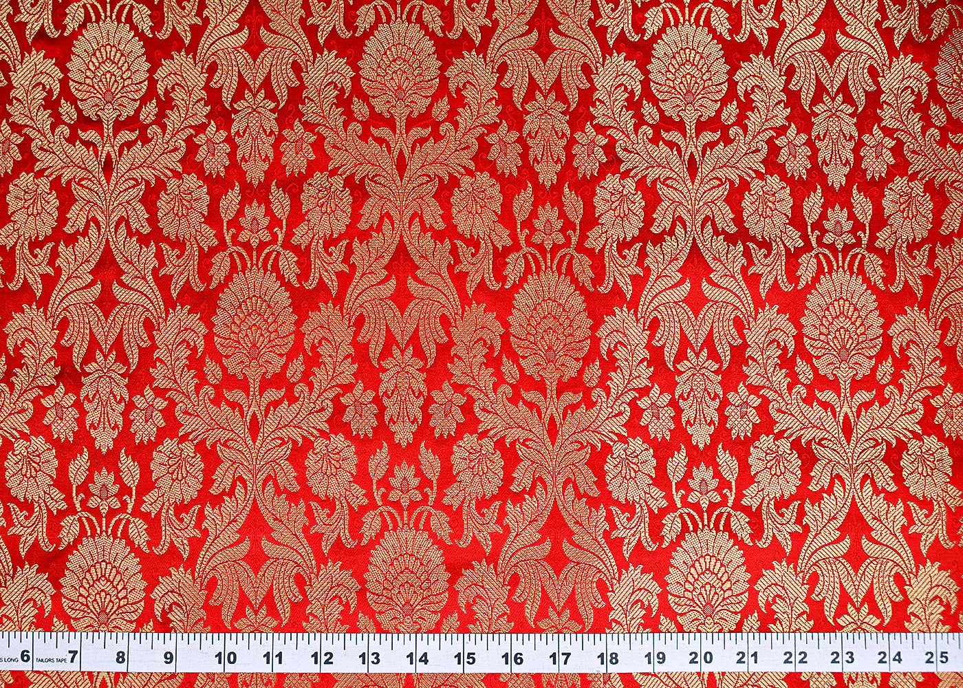 Red Banarasi Brocade Fabric With All Over Golden Zari Handloom 20452