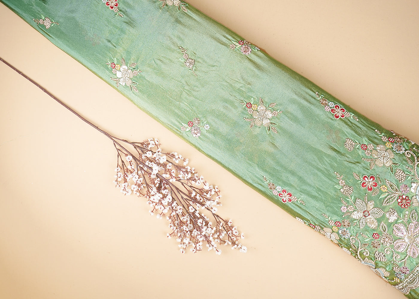 Pista Green Tissue Fabric With All Over Buti Of Bead, Sequins And Thread With One Side Heavy Border 20453