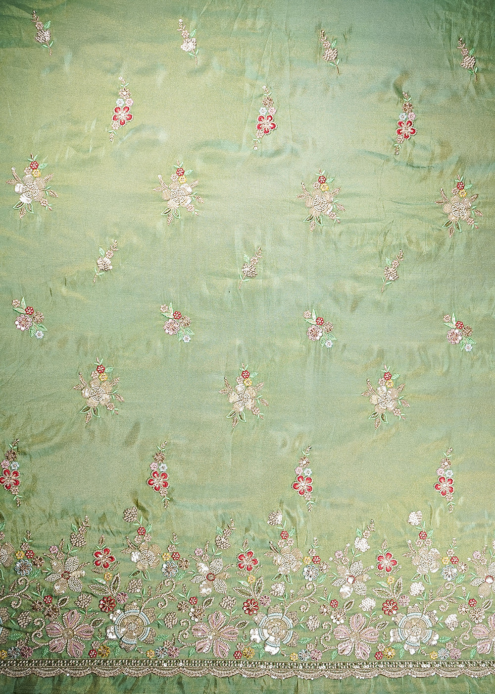 Pista Green Tissue Fabric With All Over Buti Of Bead, Sequins And Thread With One Side Heavy Border 20453