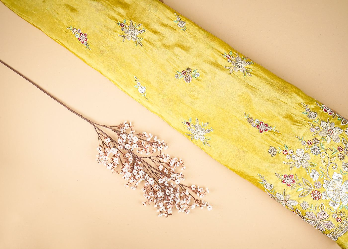 Yellow Tissue Fabric With All Over Buti Of Bead, Sequins And Thread With One Side Heavy Border 20454