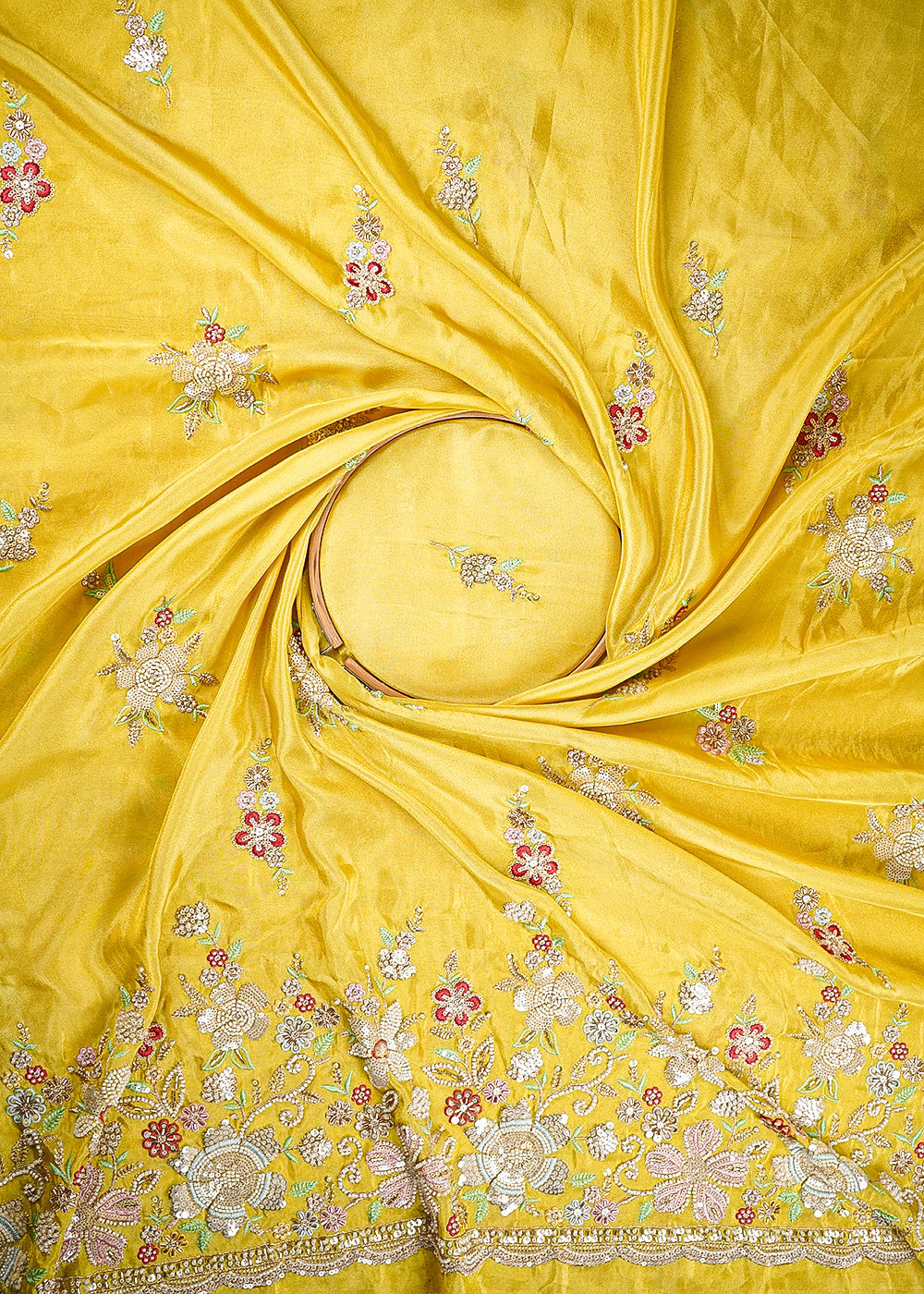 Yellow Tissue Fabric With All Over Buti Of Bead, Sequins And Thread With One Side Heavy Border 20454