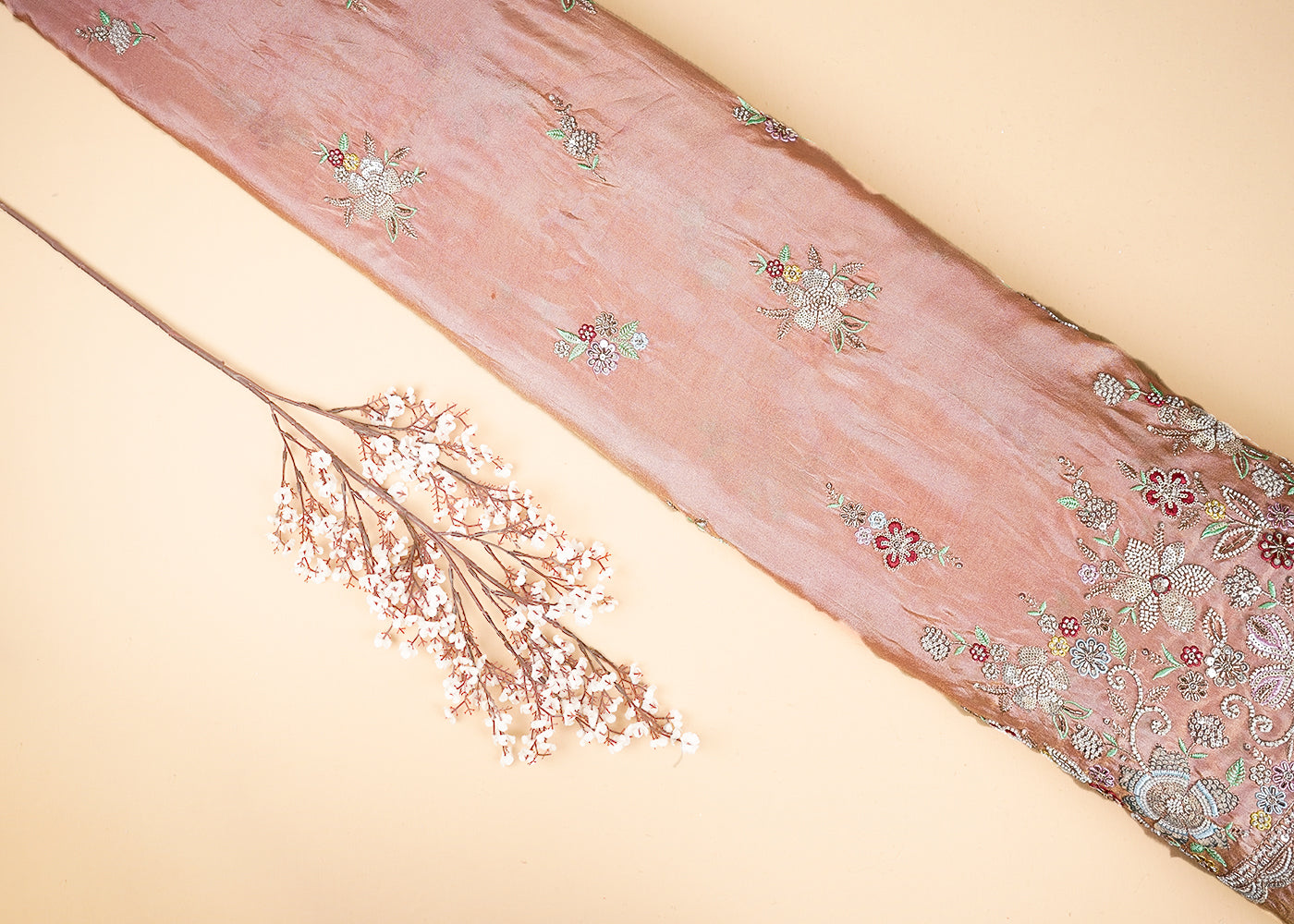 Peach Tissue Fabric With All Over Buti Of Bead, Sequins And Thread With One Side Heavy Border 20455