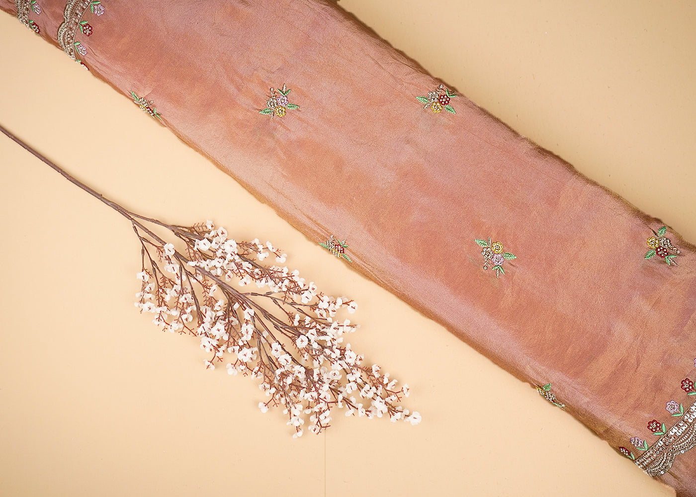 Peach Tissue Dupatta Fabric With All Over Buti Of Bead, Sequins And Thread With Two Side Border 20456