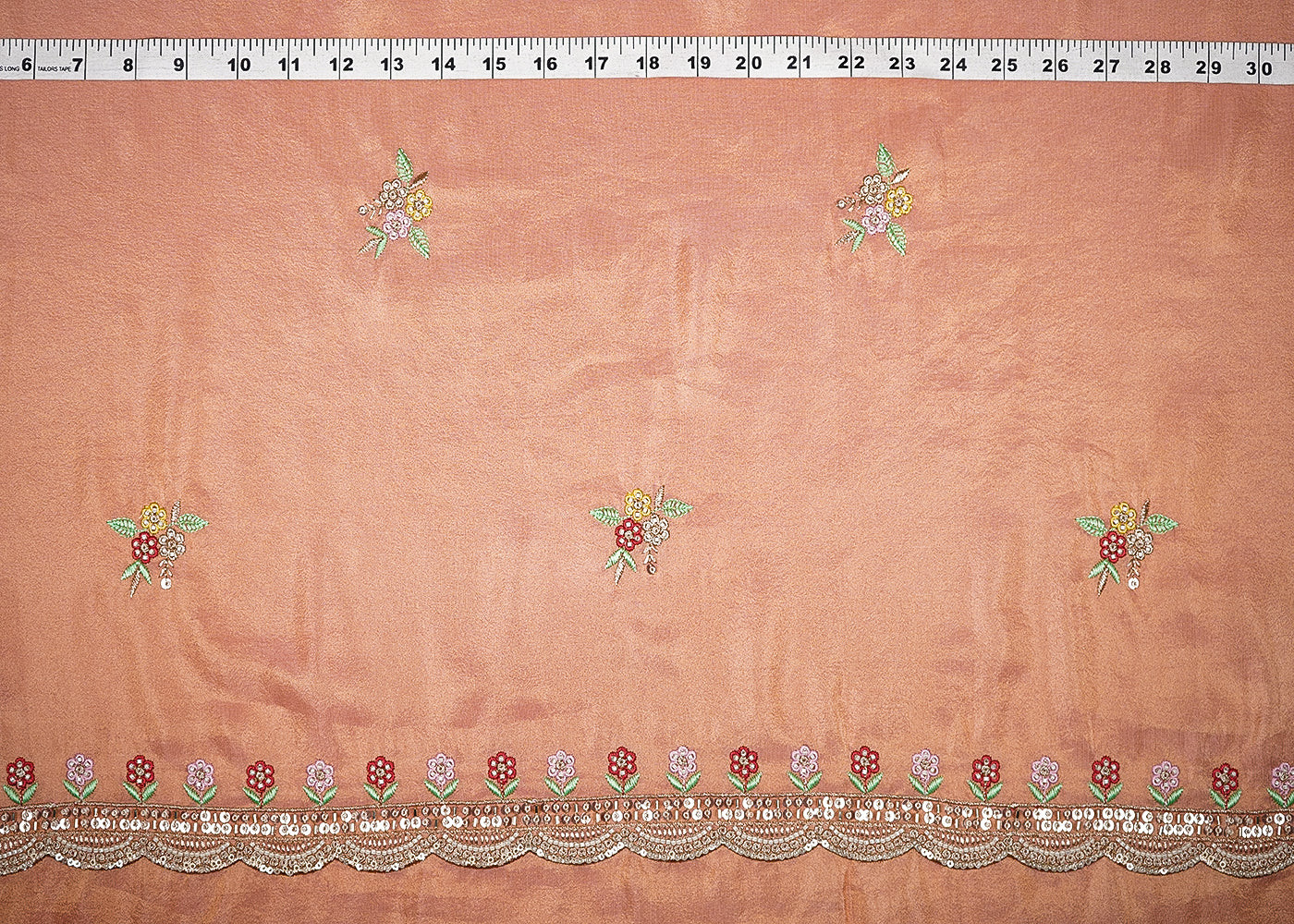 Peach Tissue Dupatta Fabric With All Over Buti Of Bead, Sequins And Thread With Two Side Border 20456
