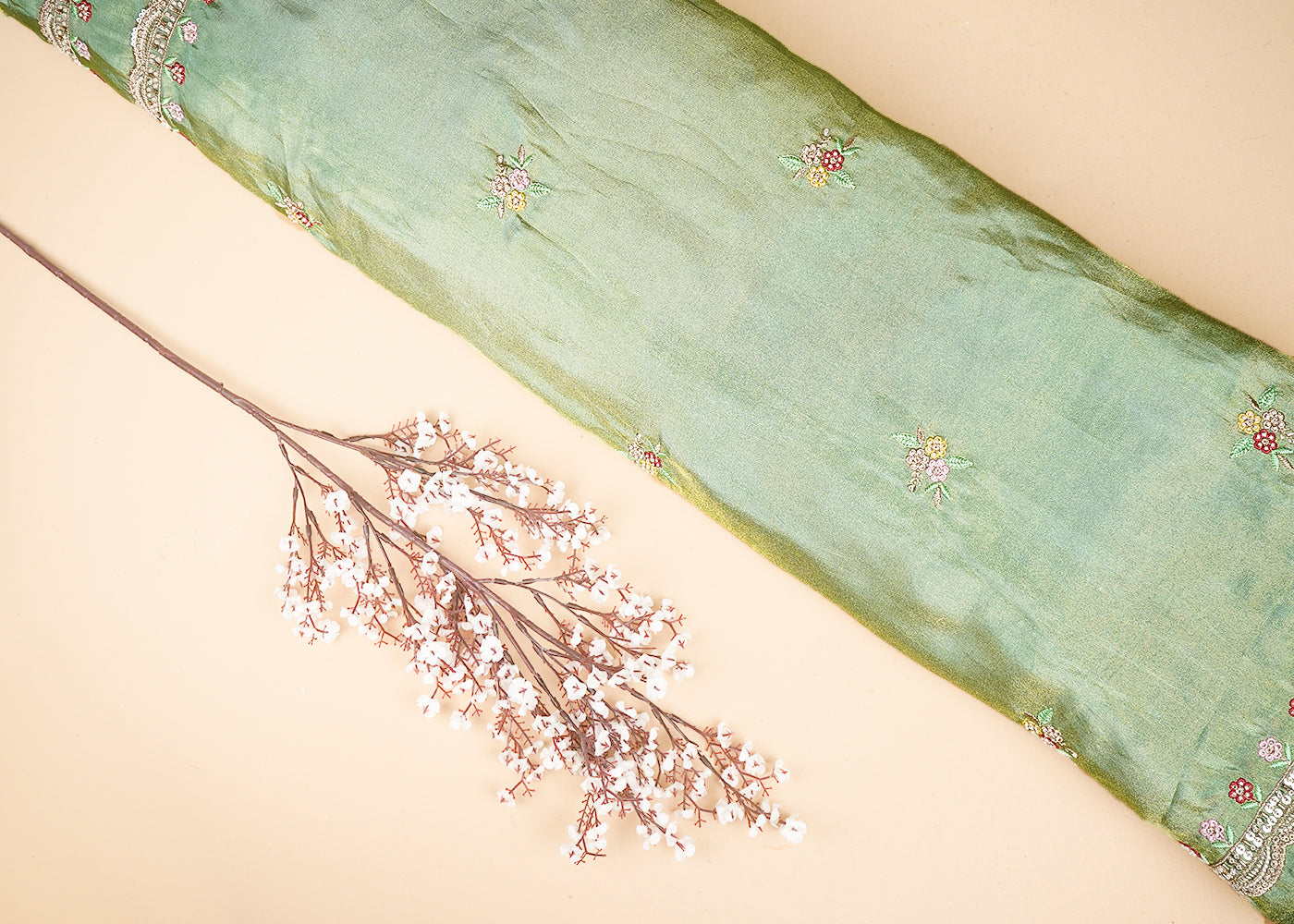 Pista Green Tissue Dupatta Fabric With All Over Buti Of Bead, Sequins And Thread With Two Side Border 20458