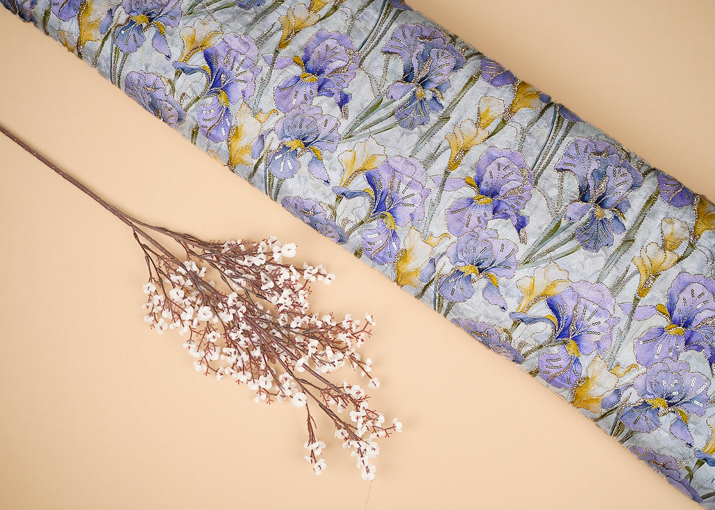 Purple Chinon Chiffon Fabric With All Over Floral Print With Zari And Sequins Work  20459