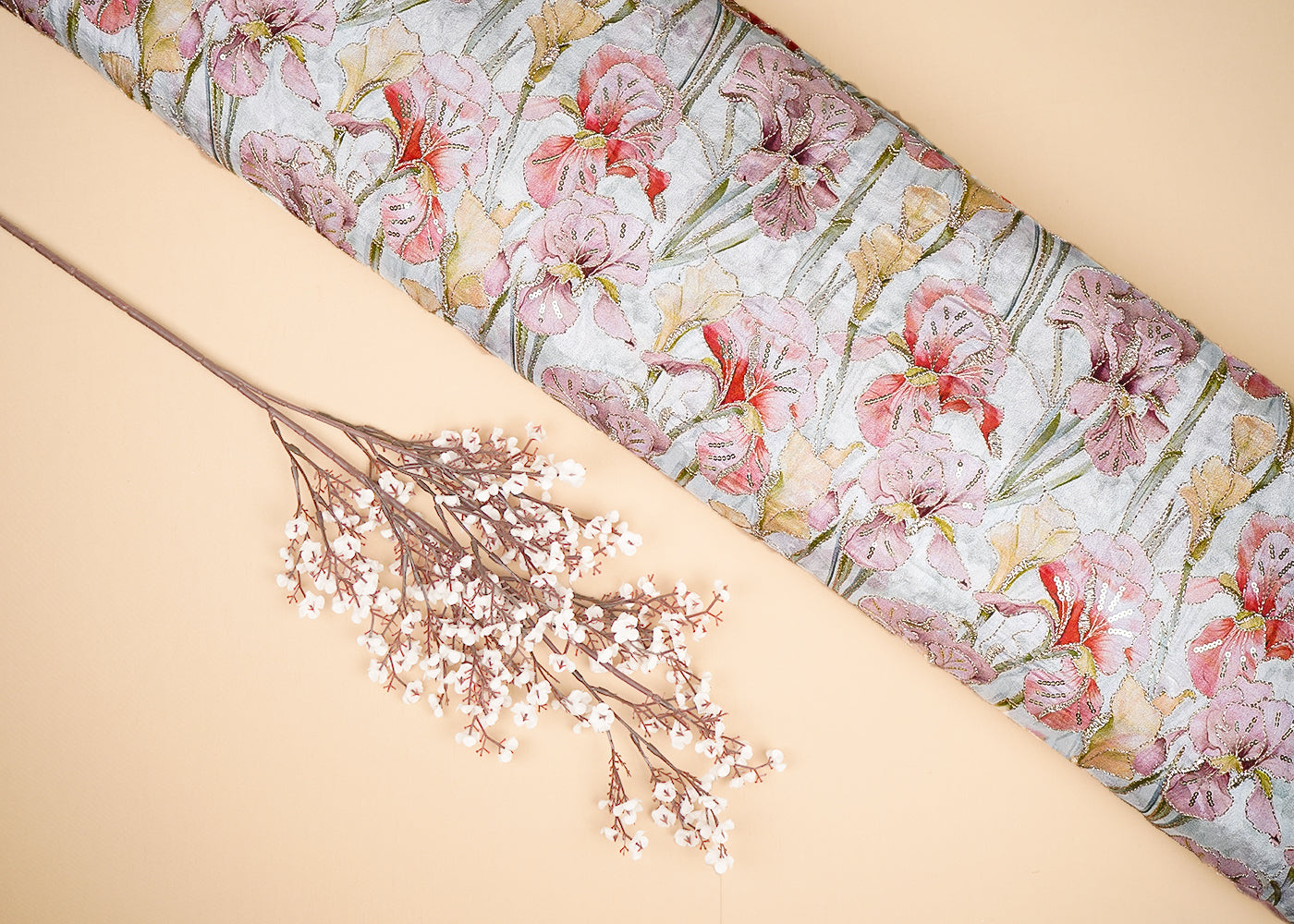 Pink Chinon Chiffon Fabric With All Over Floral Print With Zari And Sequins Work  20460