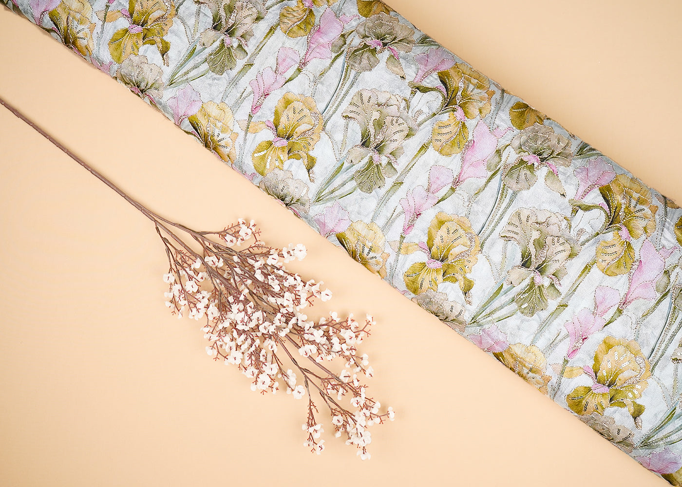 Mehendi Green Chinon Chiffon Fabric With All Over Floral Print With Zari And Sequins Work  20462