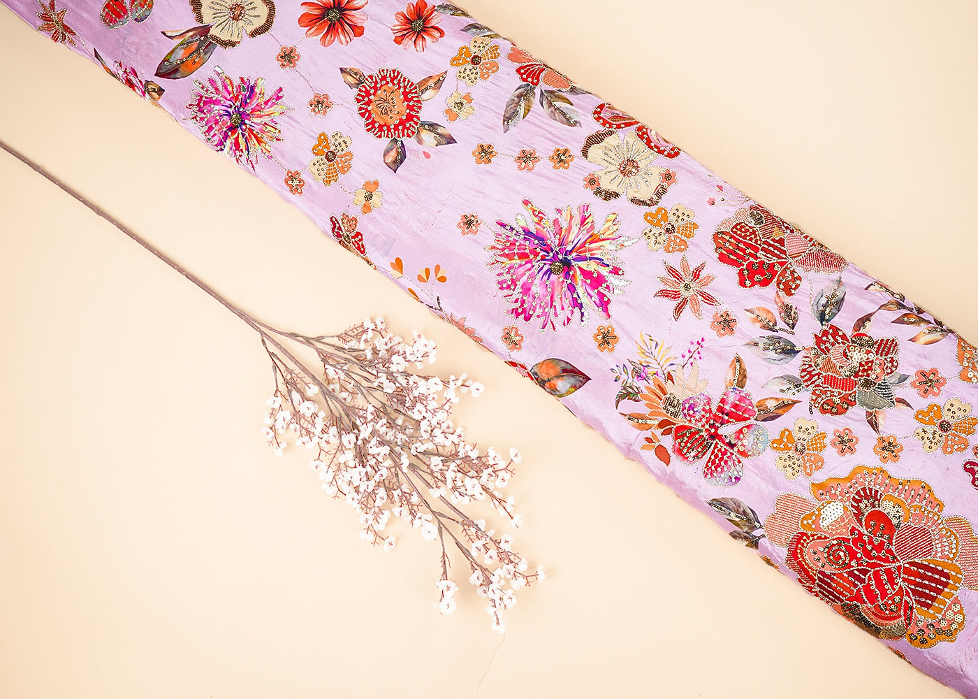 Light Pink Crepe Fabric With All Over Floral Print And Zari, Sequins Work 20463