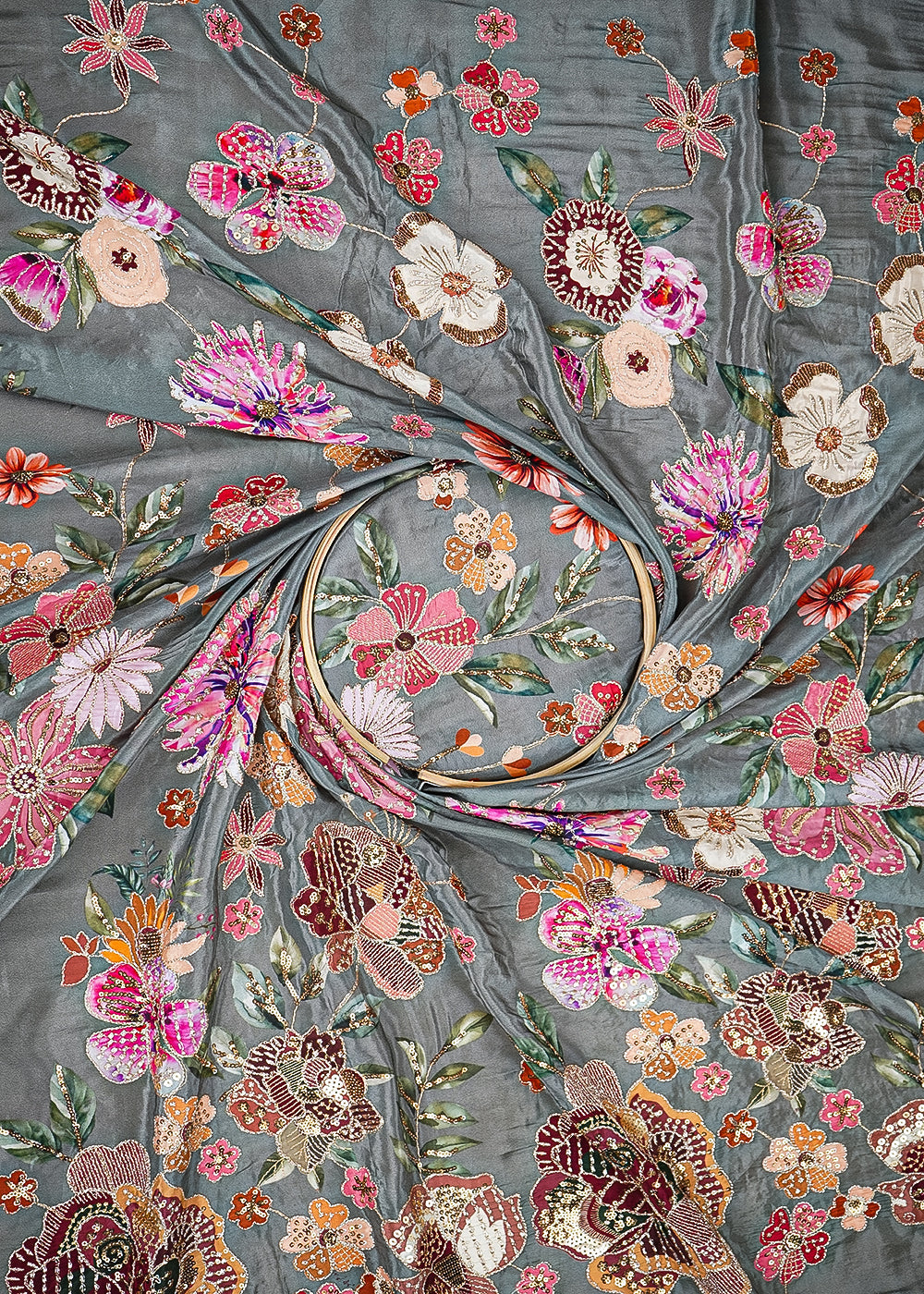 Grey Crepe Fabric With All Over Floral Print And Zari, Sequins Work 20465