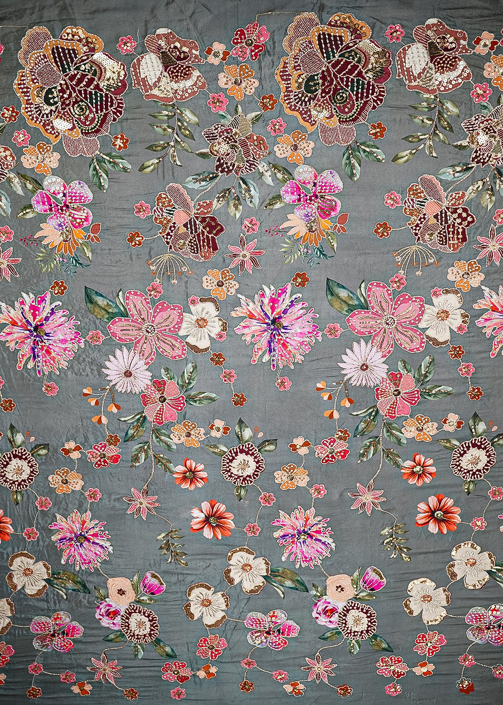 Grey Crepe Fabric With All Over Floral Print And Zari, Sequins Work 20465