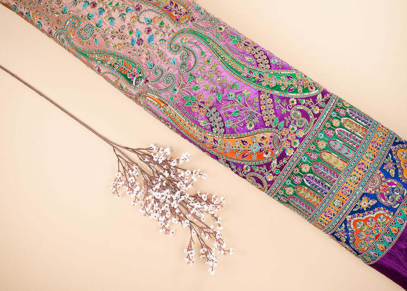 Purple Crepe Fabric With All Over Zari And Sequins Work With One Side Border 20467