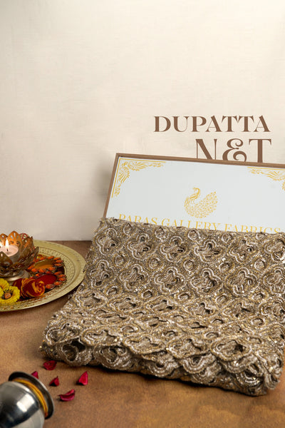 Golden Net Dupatta With All Over Sequins, Zari And Lucknowi Work 20473