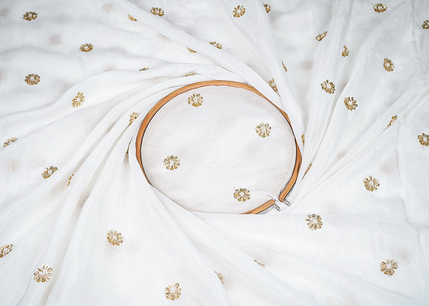 White Chinon Chiffon Fabric With All Over Buti Of Katdana, Sequins And Bead 20476