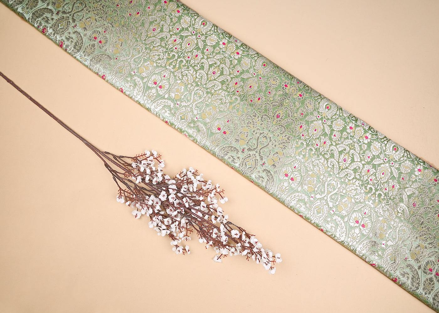 Mint Green Banarasi Brocade Fabric With All Over Zari And Thread Handloom 20502