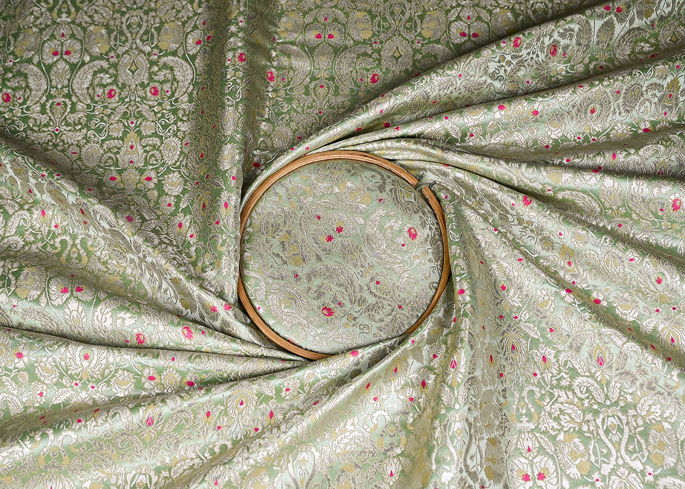 Mint Green Banarasi Brocade Fabric With All Over Zari And Thread Handloom 20502