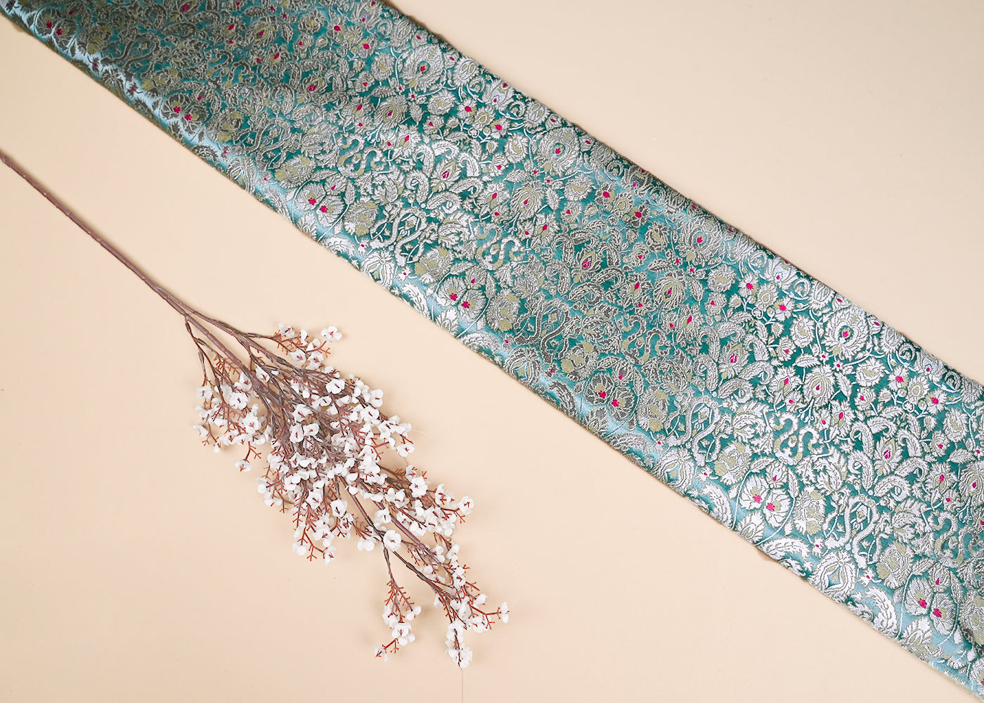 Green Banarasi Brocade Fabric With All Over Zari And Thread Handloom 20506