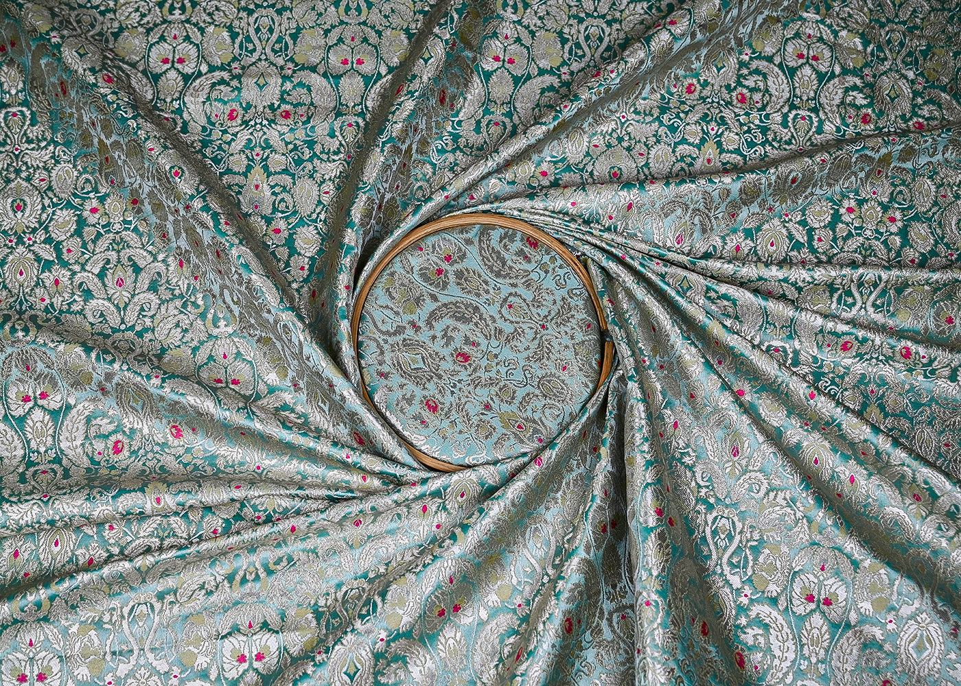 Green Banarasi Brocade Fabric With All Over Zari And Thread Handloom 20506