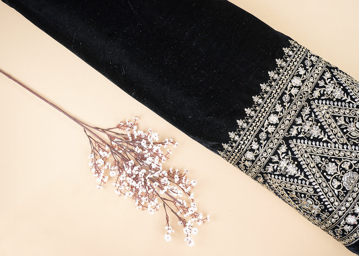 Black Velvet Fabric With One Side Heavy Border Of Zari And Sequins 20510