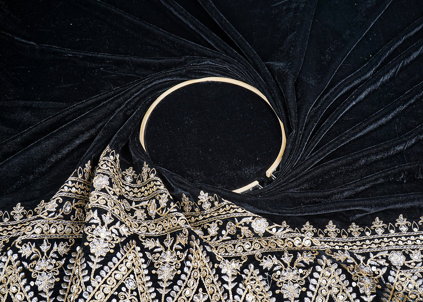 Black Velvet Fabric With One Side Heavy Border Of Zari And Sequins 20510