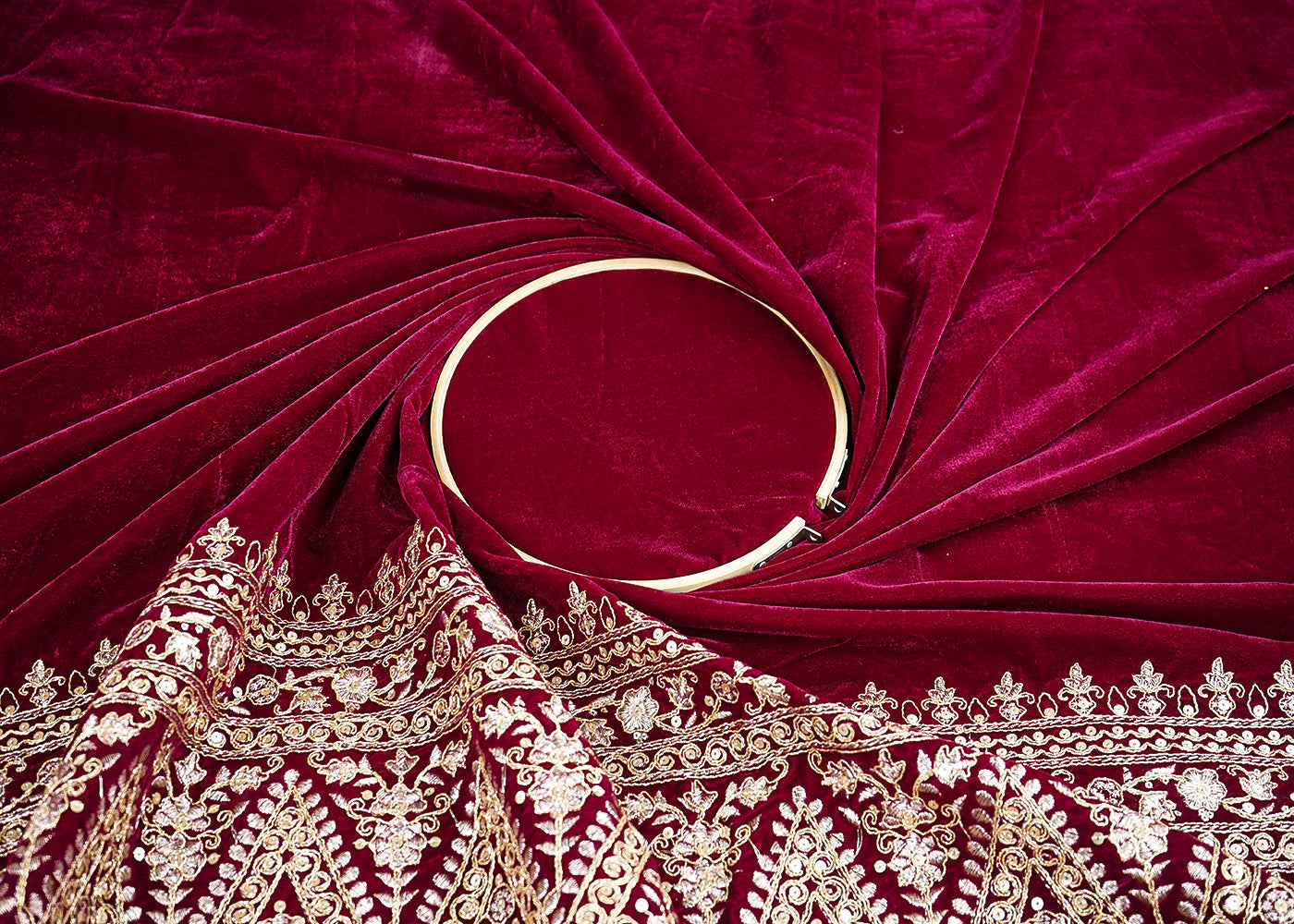 Wine Velvet Fabric With One Side Heavy Border Of Zari And Sequins 20511